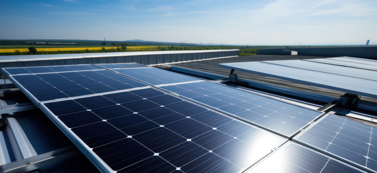 Bilden visar solpaneler som är placerade på ett tak