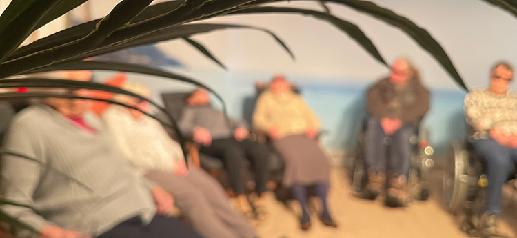Personer med solsolglasögon som sitter i solstolar och i rullstolar framför en vägg med strandmotiv.