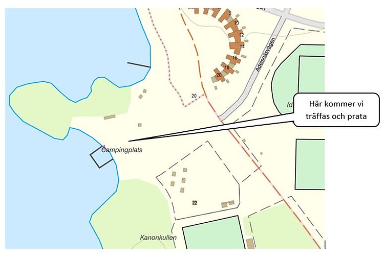 Karta med anvisning om samlingplats vid Bysjöns badplats.