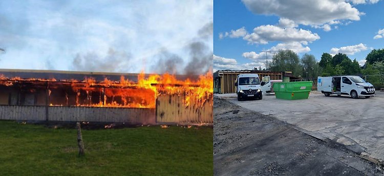 Bilden visar branden på förskolan och hur det såg ut efter rivningsarbetet.